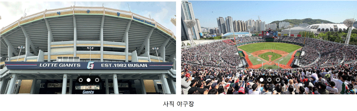 왼쪽은 사직 야구장 정문 사진이고 오른쪽은 많은 관중들이 꽉들어차 있는 경기장 내부 모습니다.