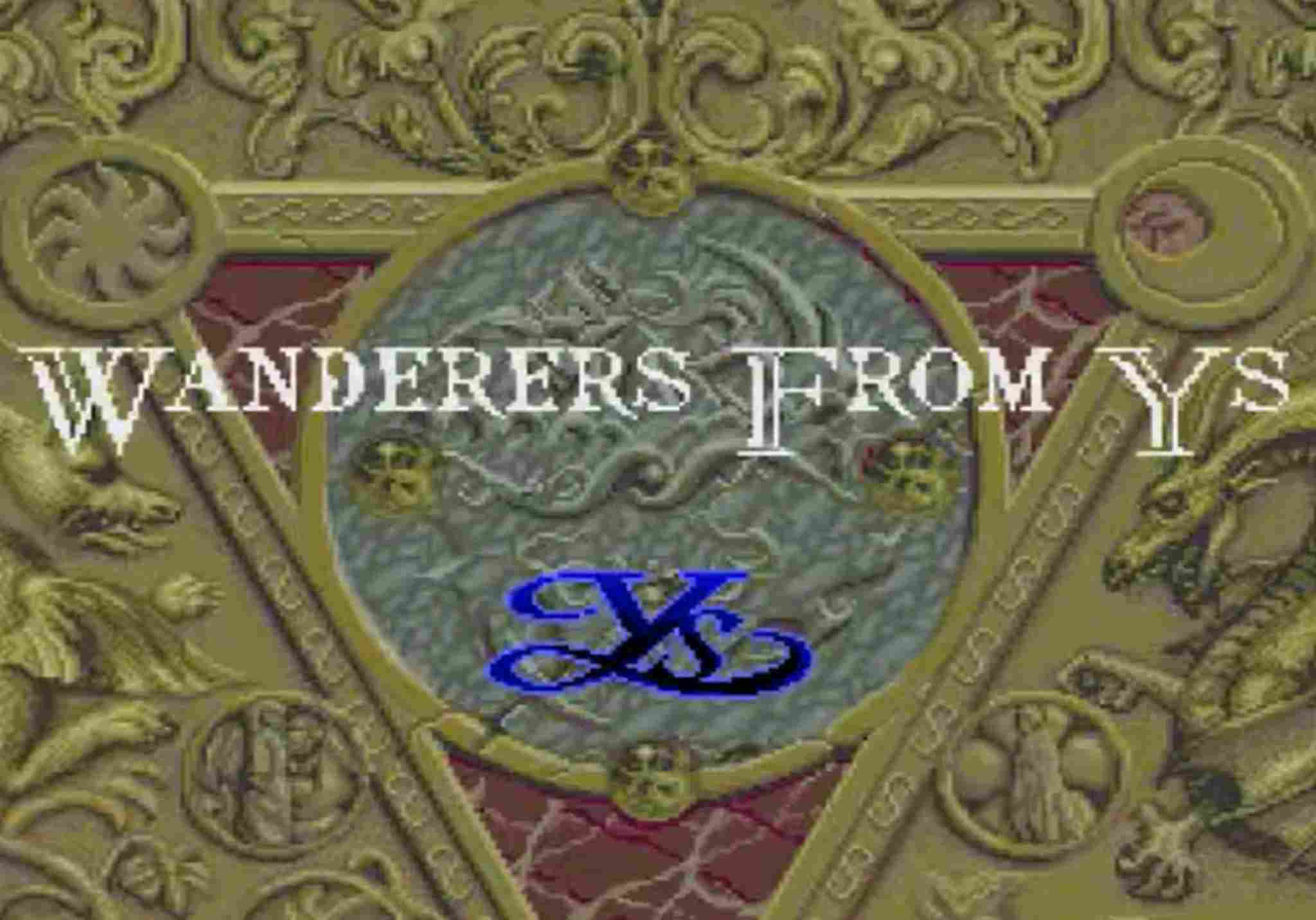 고대 문양이 새겨진 장식 배경에 Wanderers From Ys 제목과 이스 로고가 표시된 이스3 타이틀 화면