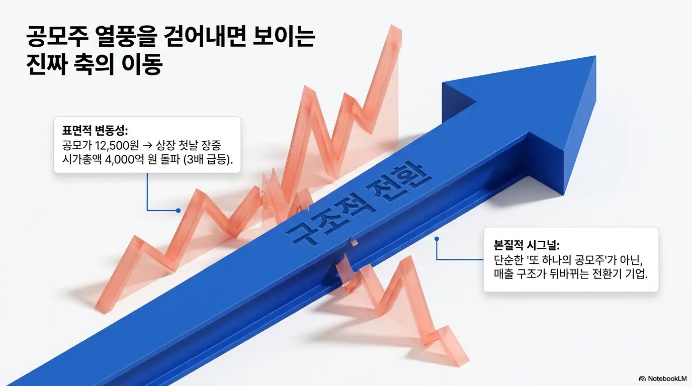 져스텍 주가의 표면적 변동성과 본질적 신호를 상승 화살표로 대비한 인포그래픽. 공모가 12,500원이 상장 첫날 장중 시총 4,000억 원을 돌파했지만, 핵심은 단순한 공모주가 아니라 매출 구조가 뒤바뀌는 구조적 전환이라는 점을 시각적으로 전달하며 져스텍 주가 전망의 출발점을 설명함