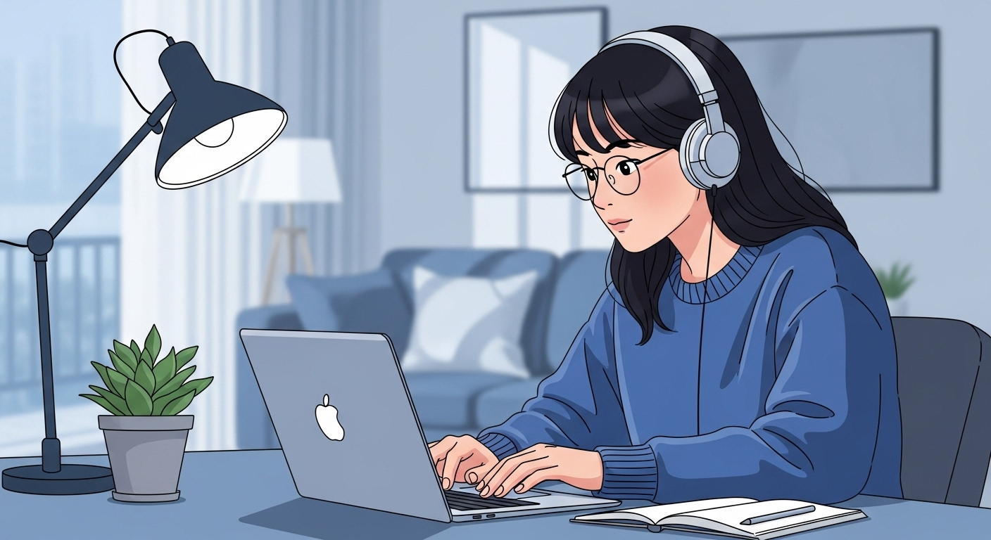 안정적인 집에서 노트북으로 작업하며 자기 계발에 집중하는 청년의 모습.