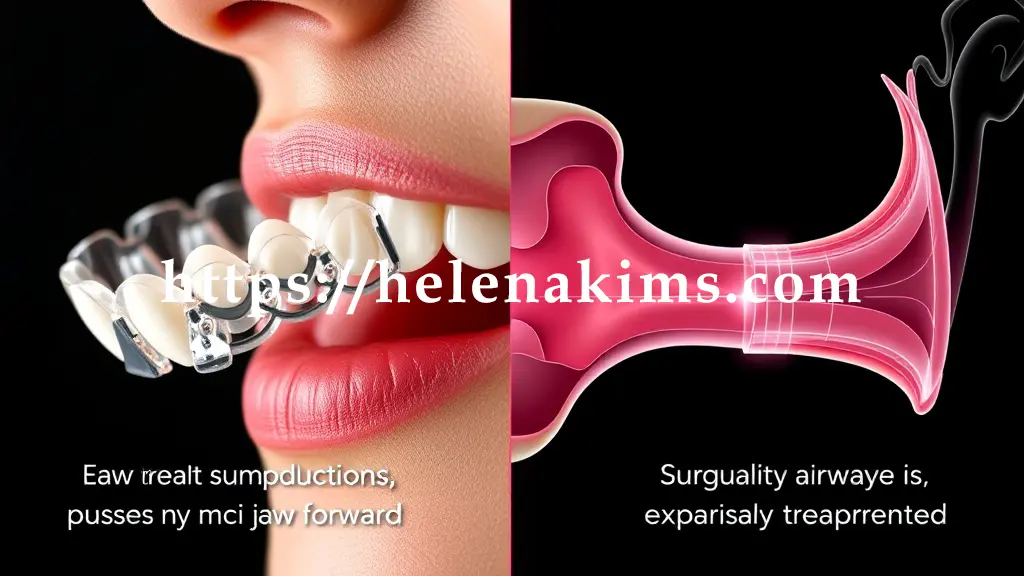 왼쪽 섹션에는 투명하고 정교한 구강 내 장치가 치아에 장착된 모습, 오른쪽 섹션에는 인간의 목 안 기도 해부도가 섬세하게 그려져 있으며, 좁았던 기도가 수술적으로 확장된 모습.