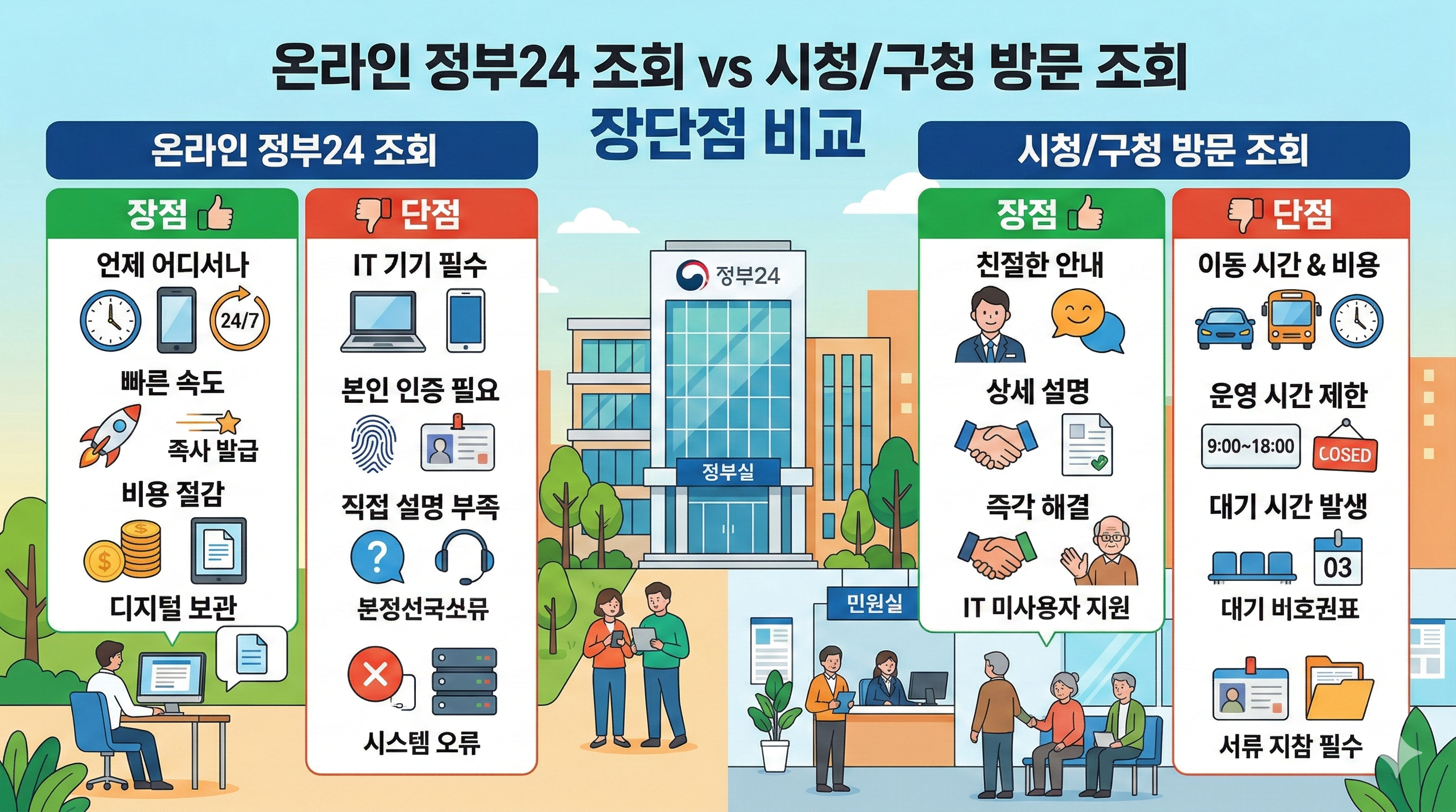 온라인 정부24 조회와 시청/구청 방문 조회의 장단점 비교 이미지