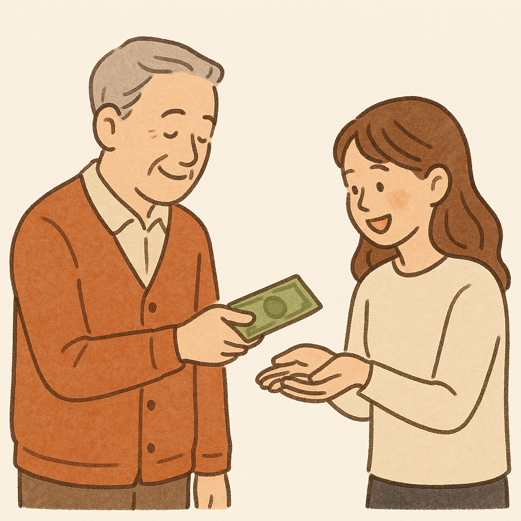 아빠에게 용돈을 받는 딸의 모습 일러스트