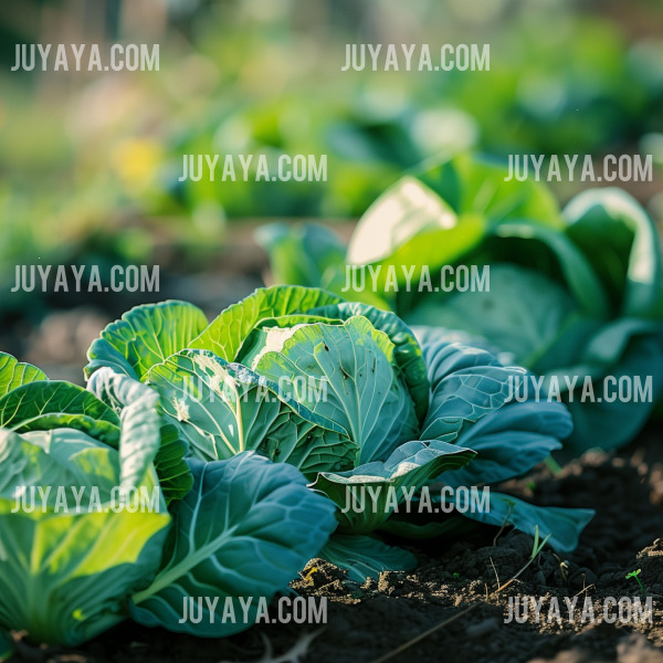 에 심어진 배추가 자라는 모습&amp;#44; 싱그러운 녹색 잎이 햇빛을 받고 있는 장면.