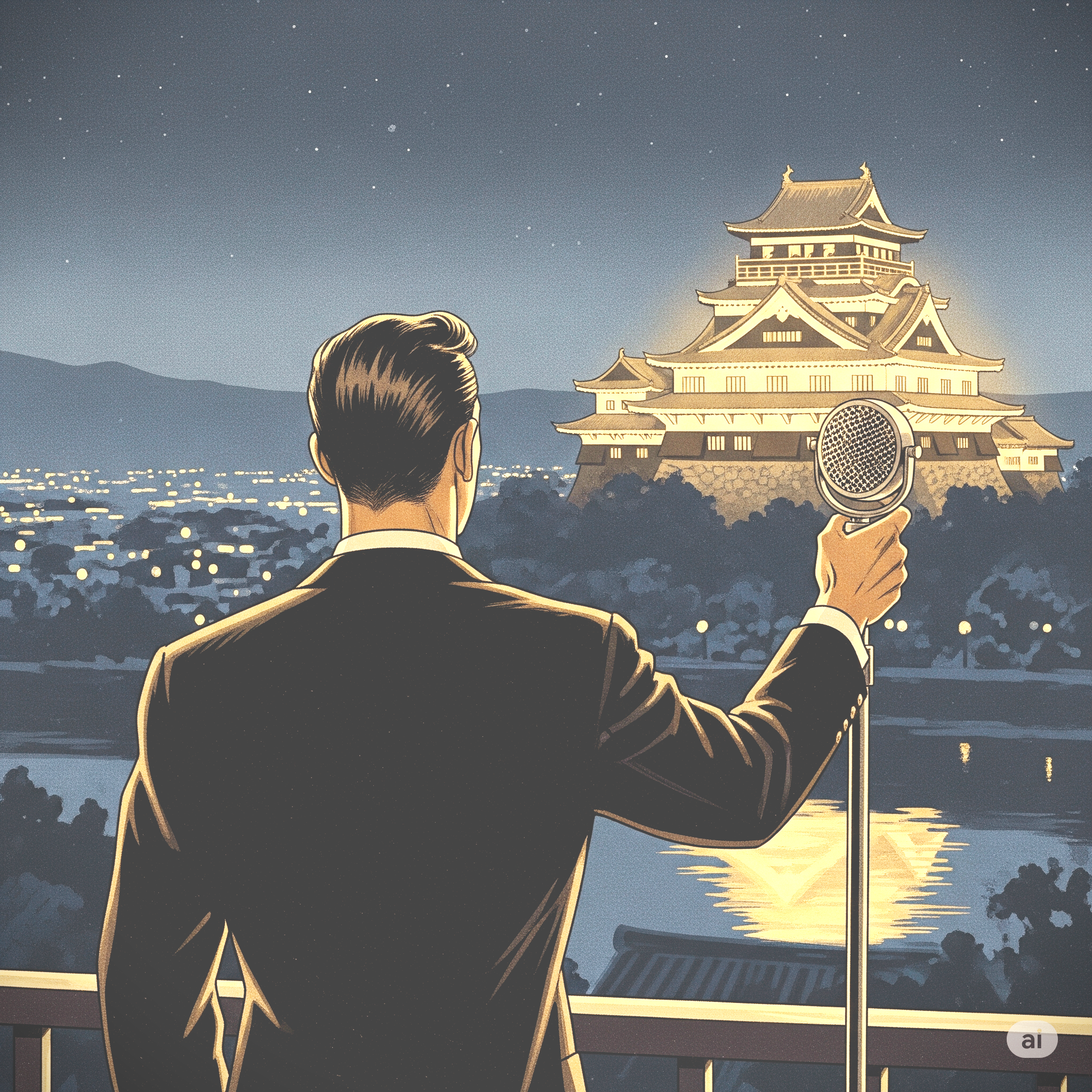 이누야마 성을 바라보며 노래하는 남자