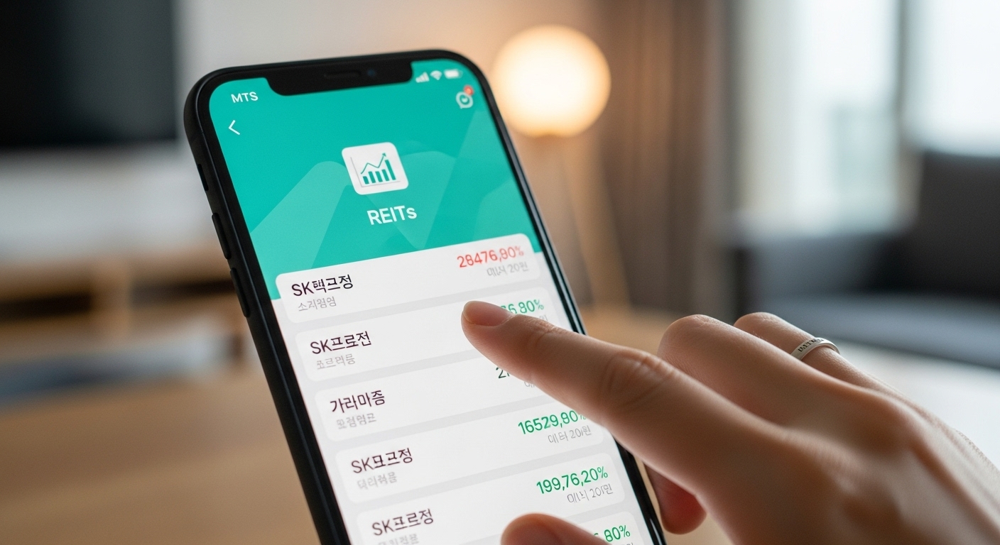 신혼부부가 스마트폰 증권사 앱을 통해 리츠를 간편하게 거래하는 모습을 담은 이미지.