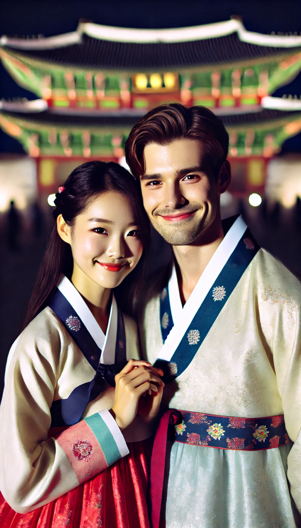 경복궁 야간개장에서 한복입은 외국인 커플