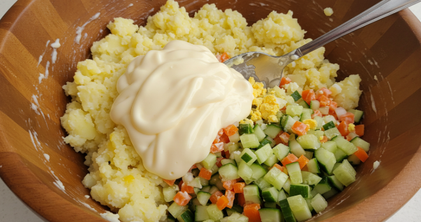 볼에 야채와 마요네즈 그리고 으깬 감자가 담겨 있는 모습