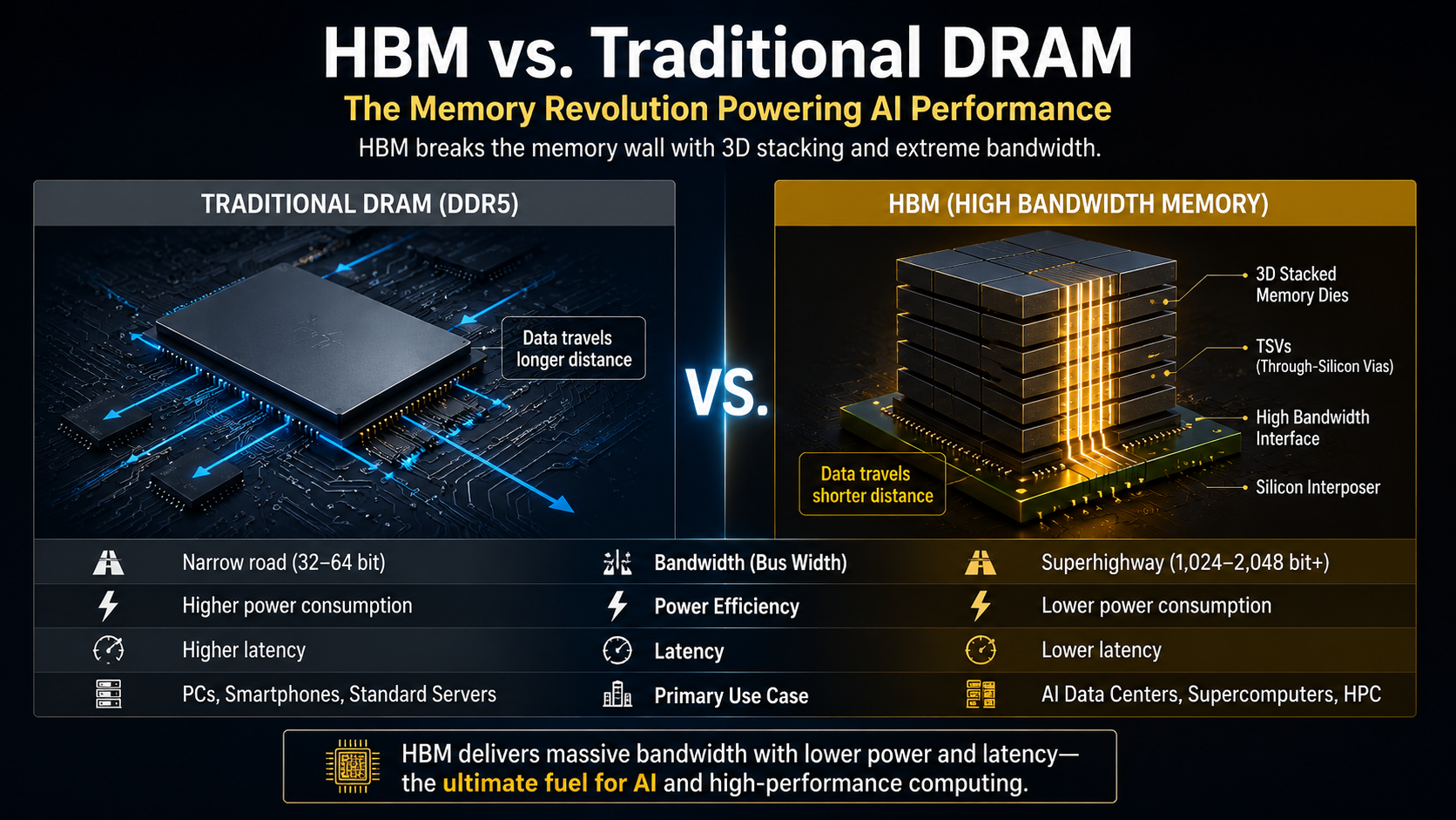 HBM versus traditional DRAM memory architecture comparison showing bandwidth, latency, and efficiency differences for AI computing