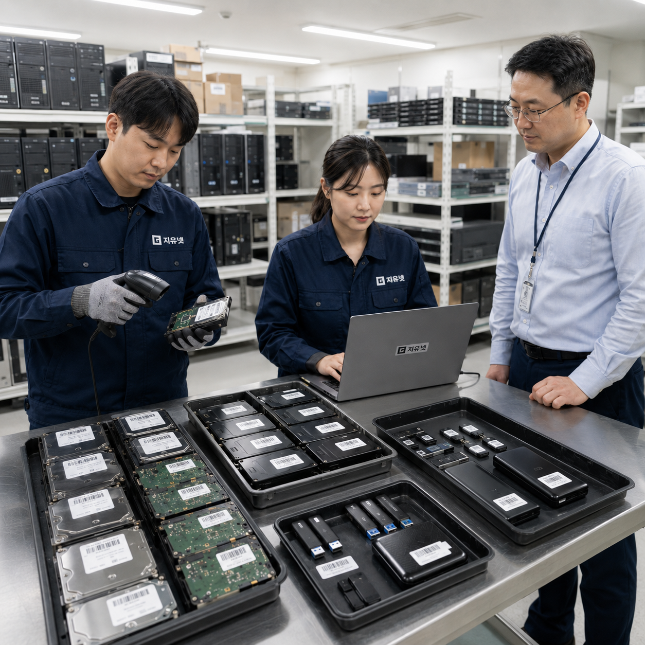 병원 PC 폐기 전 HDD SSD 외장하드 USB 백업 저장장치를 종류별로 정리하고 바코드로 확인하는 모습