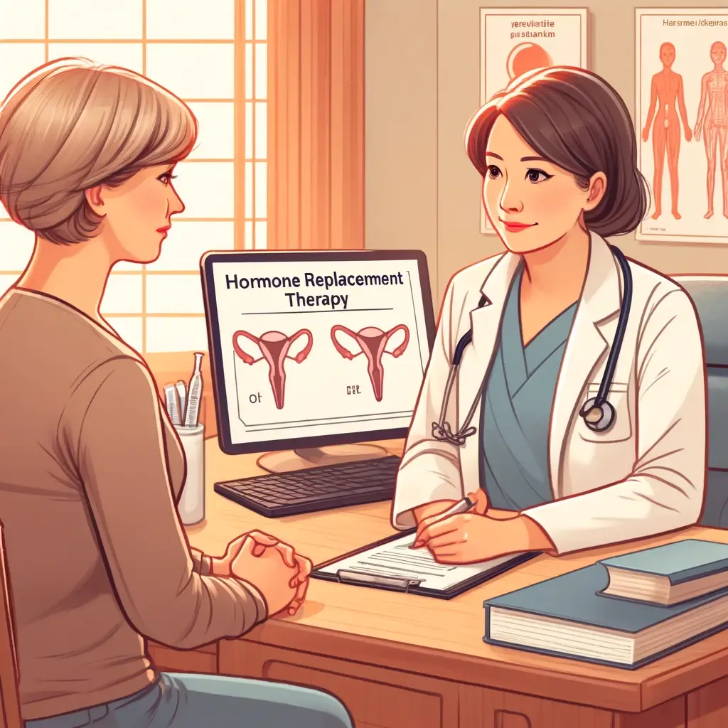 호르몬 대체 요법(HRT) 옵션을 의상하 상당중인 중년여성