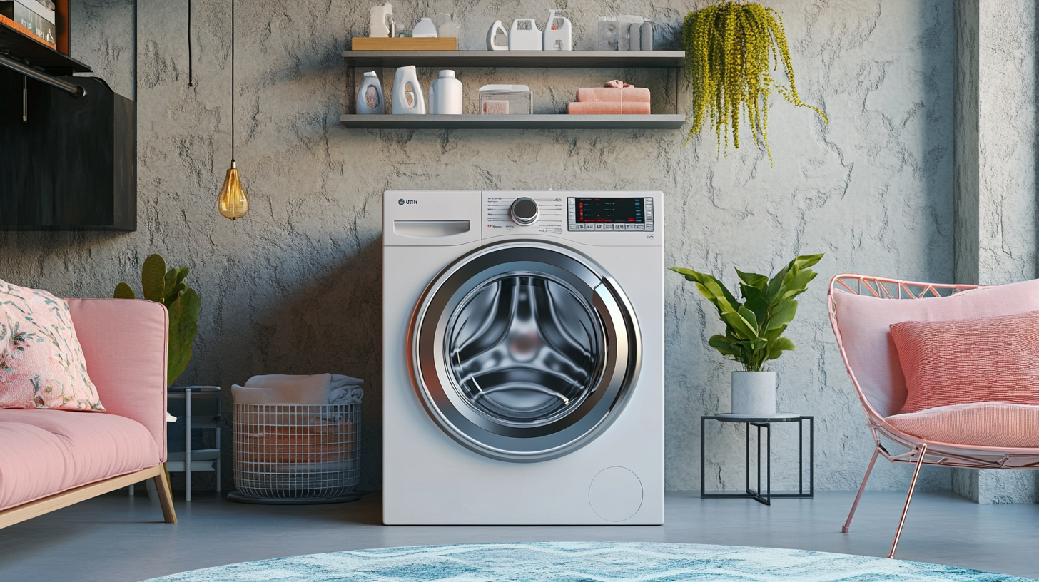 산업 스타일 가구와 장식 가운데 위치한 현대적인 도시 세탁 공간에서 삼성 세탁기가 강조된 모습
