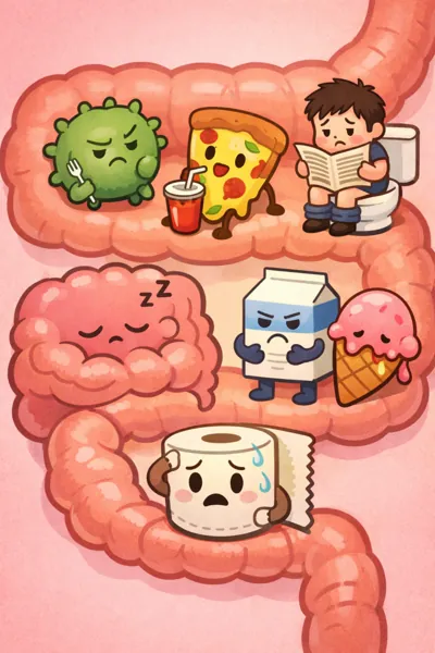 음식 후 복통을 느끼는 장면