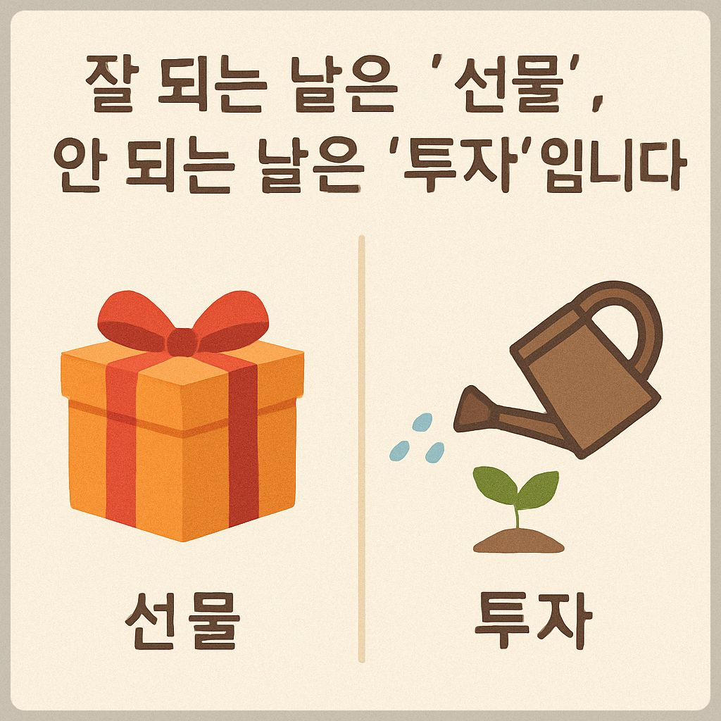 선물 상자와 물조리개, 새싹이 함께 있는 일러스트—좋은 날과 회복의 날을 상징