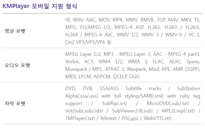 모바일용 KM플레이어 지원 형식