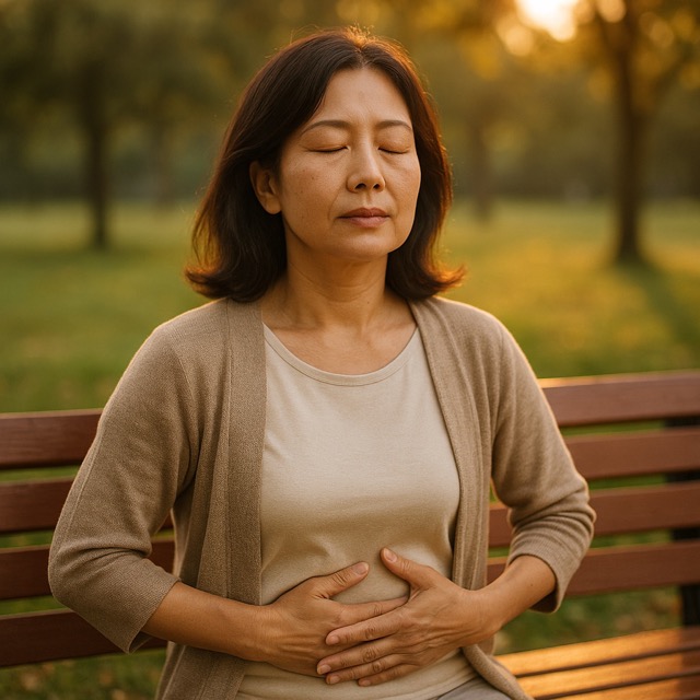 공원 벤치에 앉아 복식호흡하며 부교감신경을 자극하고 있는 중년 여성의 평온한 모습(출처: 자체제작)