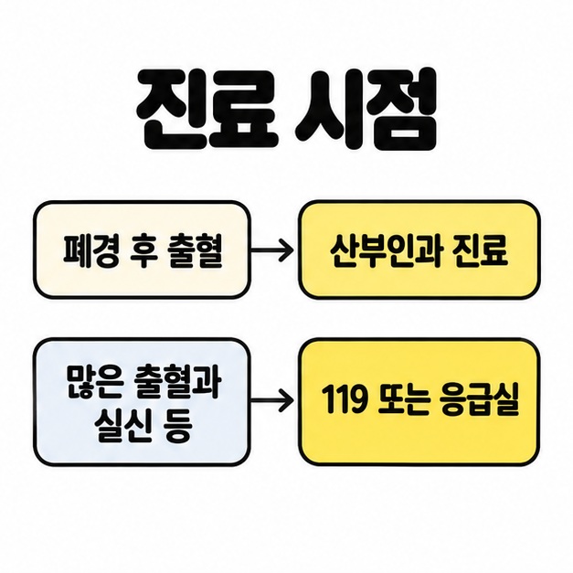 폐경 후 출혈은 산부인과 진료로, 많은 출혈과 실신 등 응급 증상은 119 또는 응급실로 연결한 진료 시점 안내
