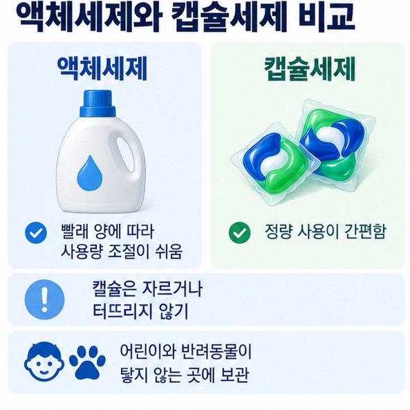 액체세제와 캡슐세제의 사용량 조절 편의성 자동투입 적합성 어린이 보관 주의사항을 비교한 이미지