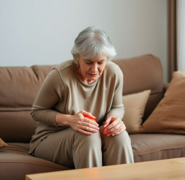 중년 여성이 소파에 계속 앉아 있으면서 무릎에 통증이 발생하여 무릎을 잡고 고통스런 표정을 짓고 있다.