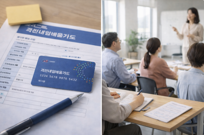 국민내일배움카드 신청서와 직업훈련 교육에 참여 중인 사람들 모습