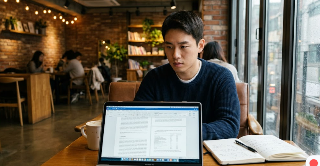 카페에서 노트북으로 정책 사례를 진지하게 검색하며 공부하고 있는 청년