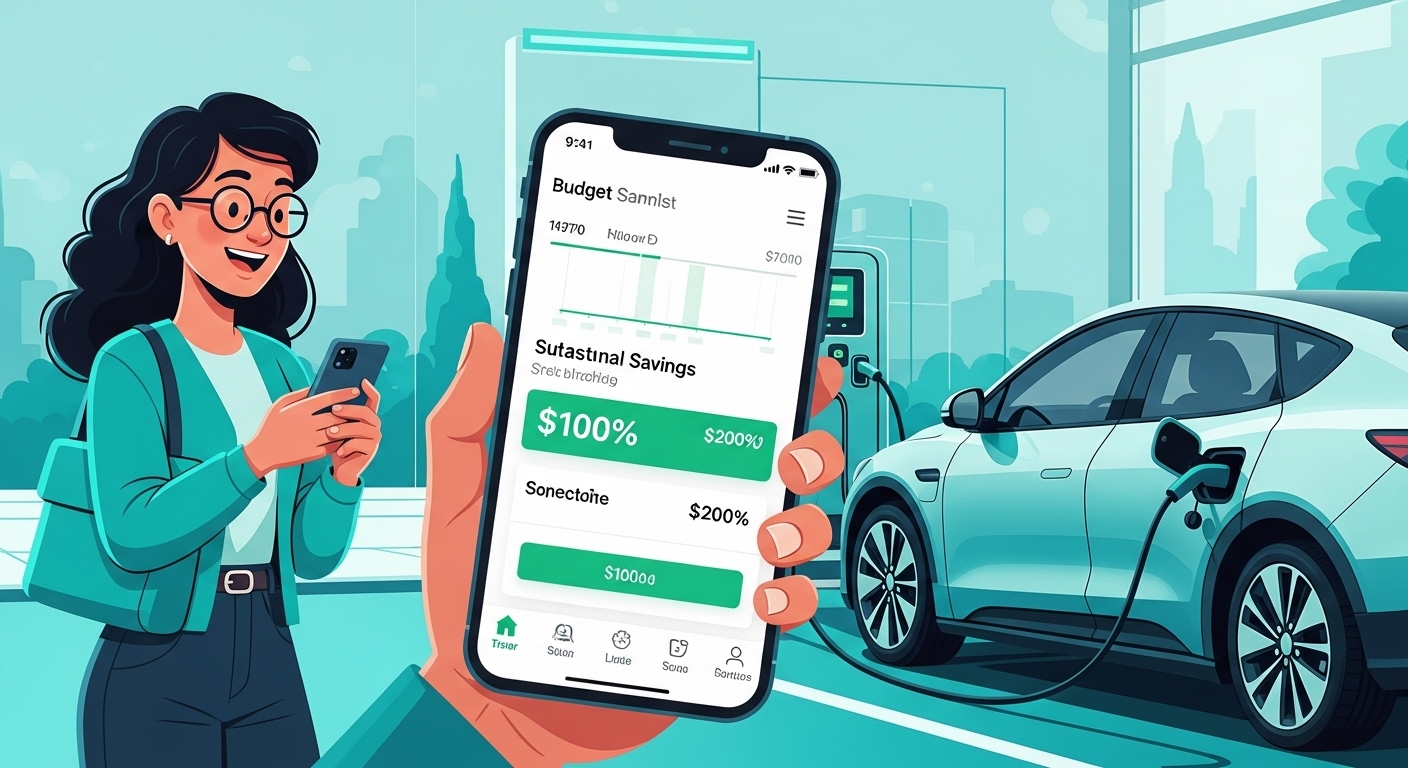 스마트폰으로 전기차 충전 요금 절감액을 확인하며 만족스러워하는 사람. 장기적인 비용 절감 효과를 상징합니다.