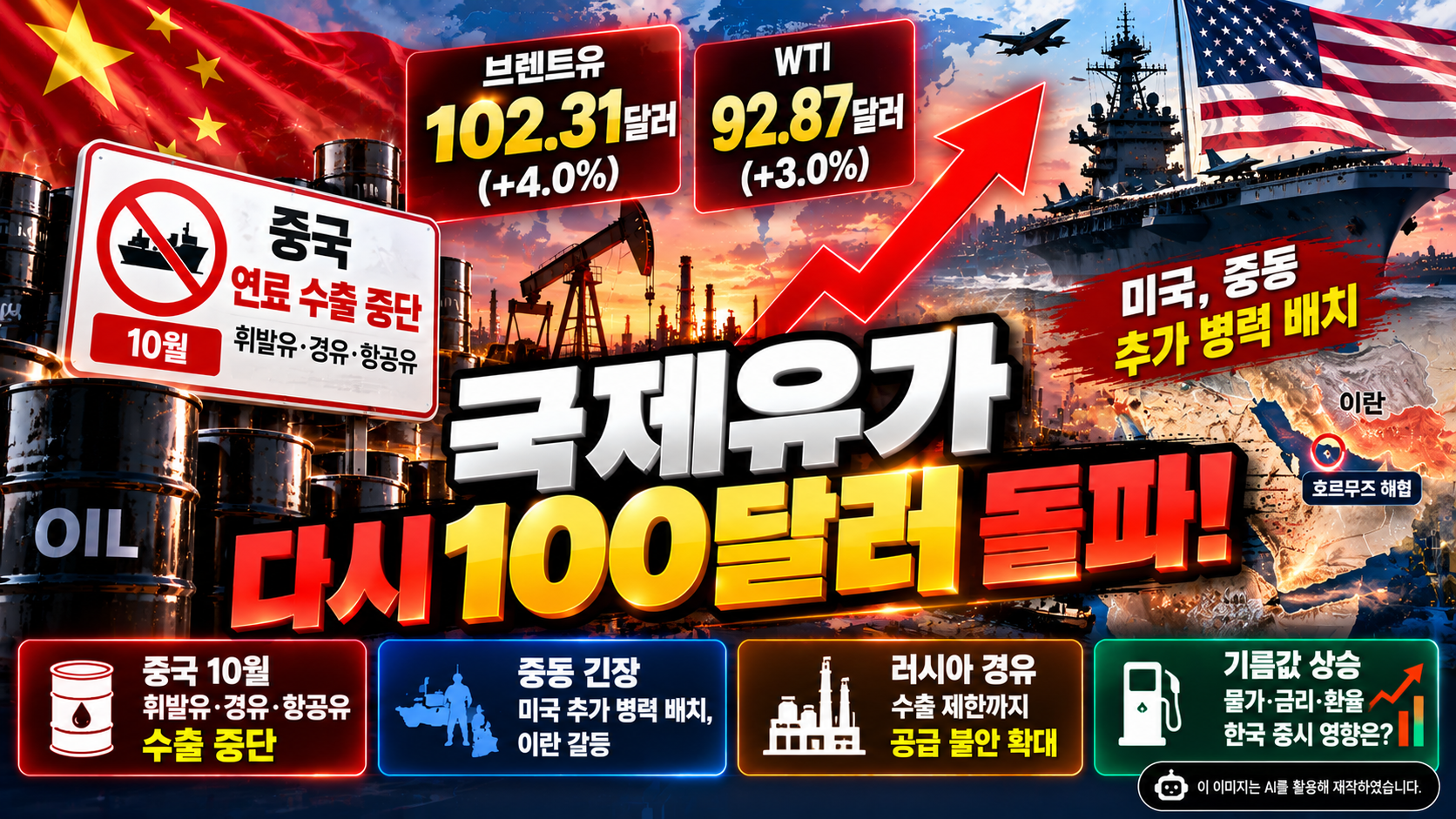 국제유가 100달러 재돌파와 중국 10월 연료 수출 중단, 중동 긴장 및 브렌트유·WTI 가격 상승을 정리한 이미지