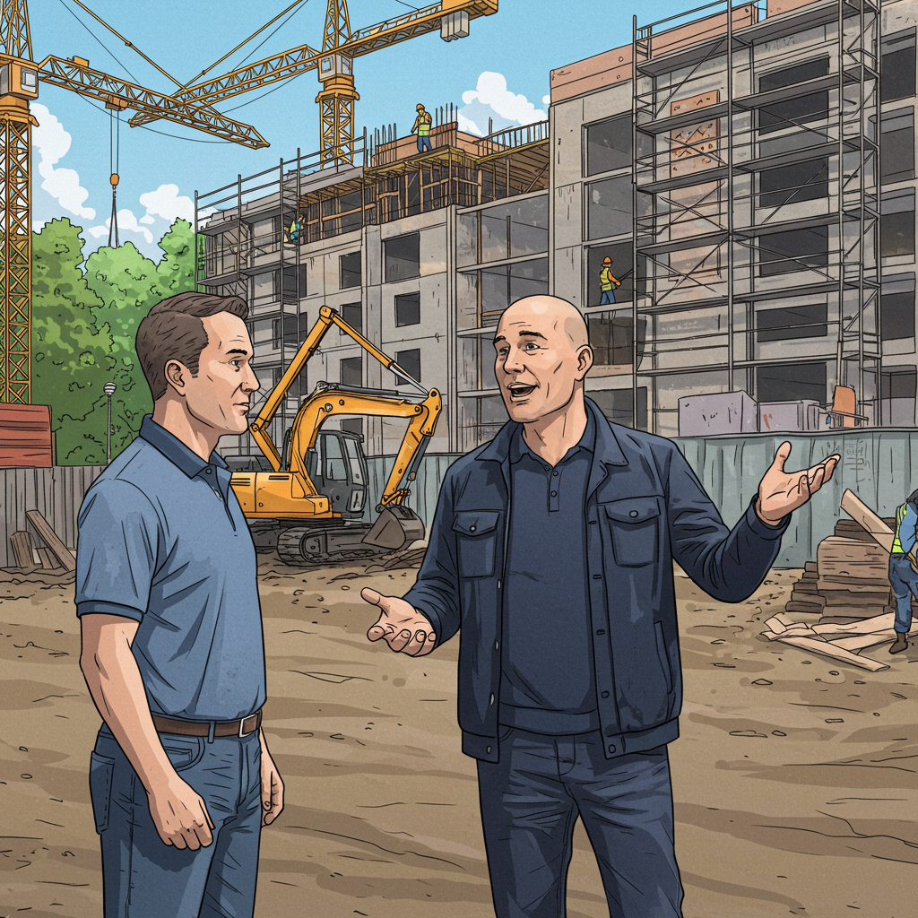 녹색건축인증에 대해 얘기를 나누는 두 남자