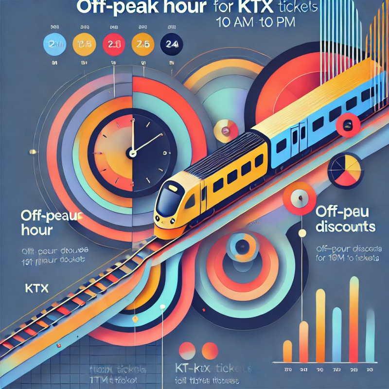 KTX 비수기 시간대 할인 혜택을 오전 10시부터 오후 3시까지 강조한 추상적 인포그래픽