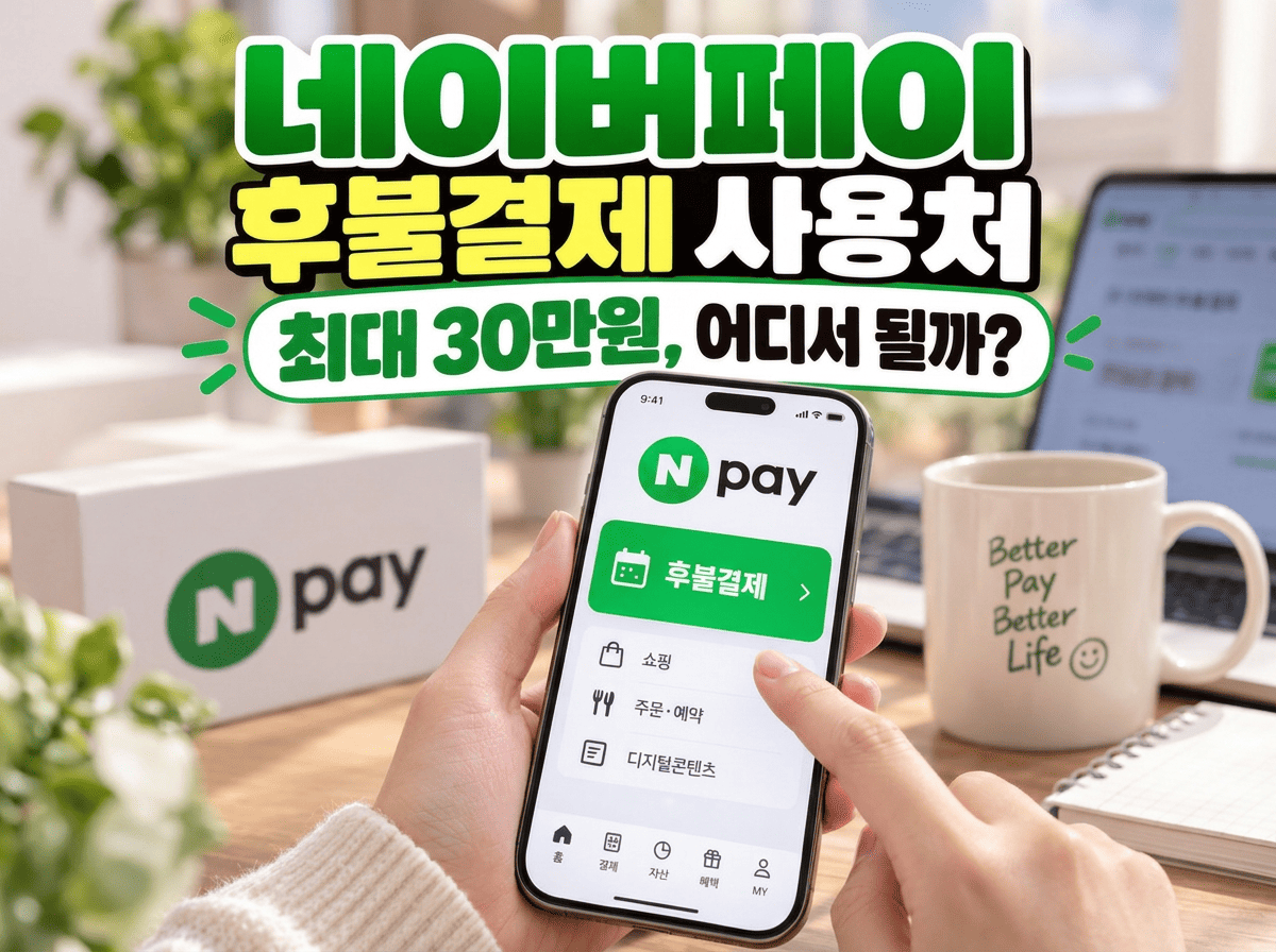 네이버페이 후불결제 사용처와 최대 30만원 한도를 스마트폰 결제 화면으로 표현한 이미지