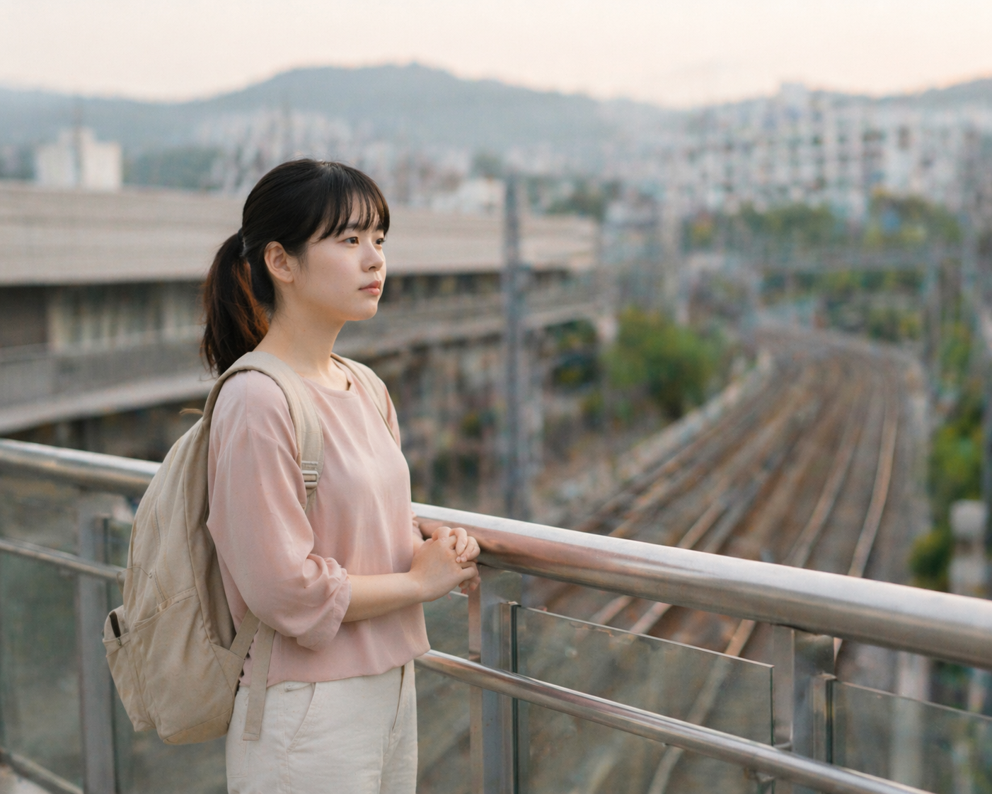 고민에 빠진 학생이 먼 곳을 바라보고 있는 모습