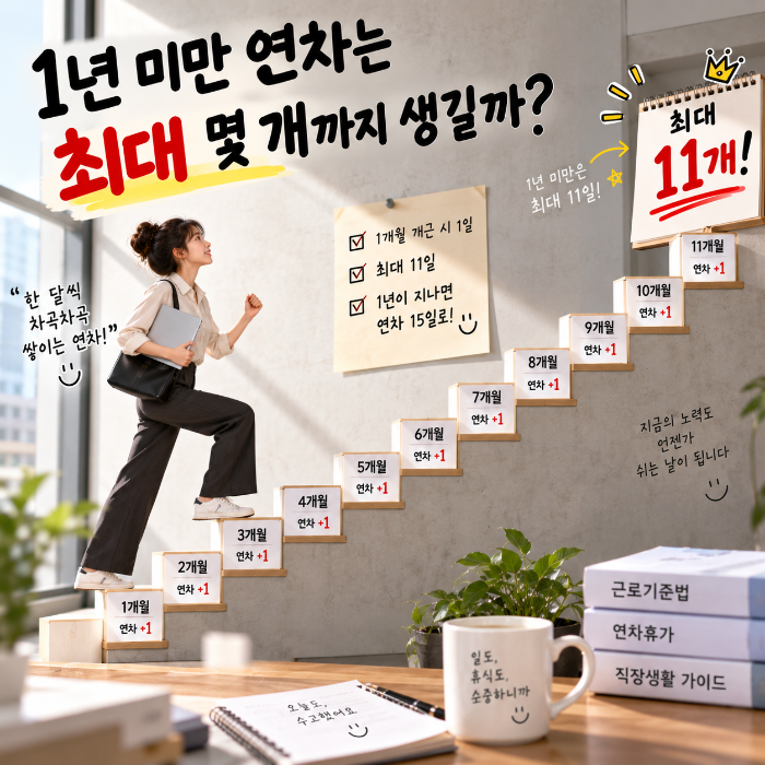 1년 미만 연차가 1개월 개근할 때마다 1일씩 발생해 최대 11일까지 쌓이는 과정을 계단으로 표현한 이미지
