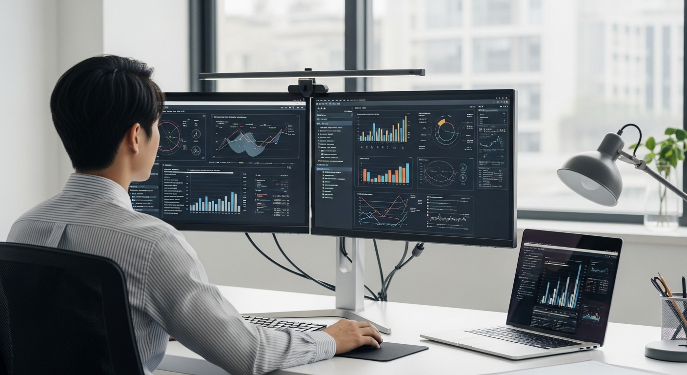 깔끔한 사무실 책상에서 고해상도 울트라와이드 모니터와 노트북으로 데이터 차트를 비교 분석하는 한국인 직장인