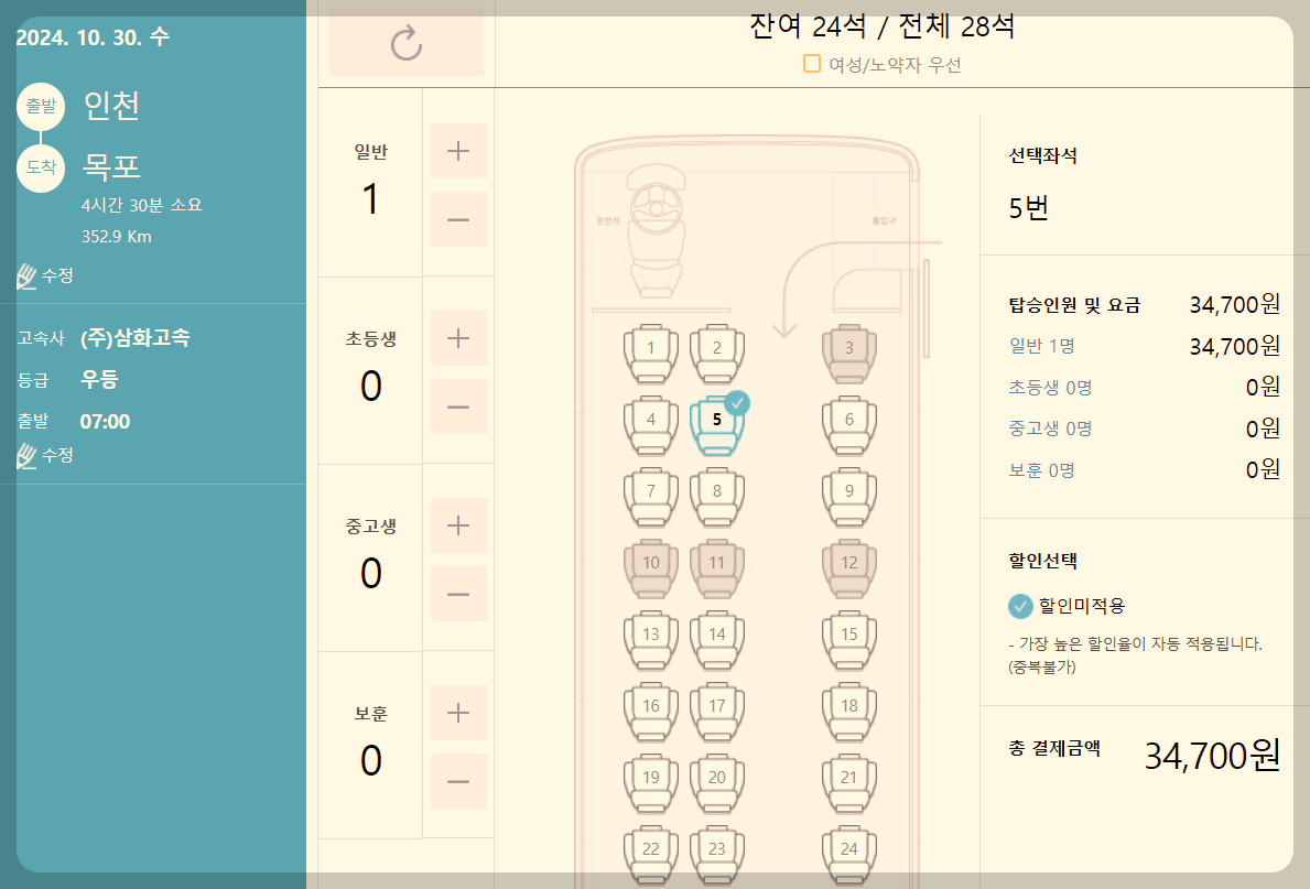 인천고속버스터미널 시간표 좌석배치도