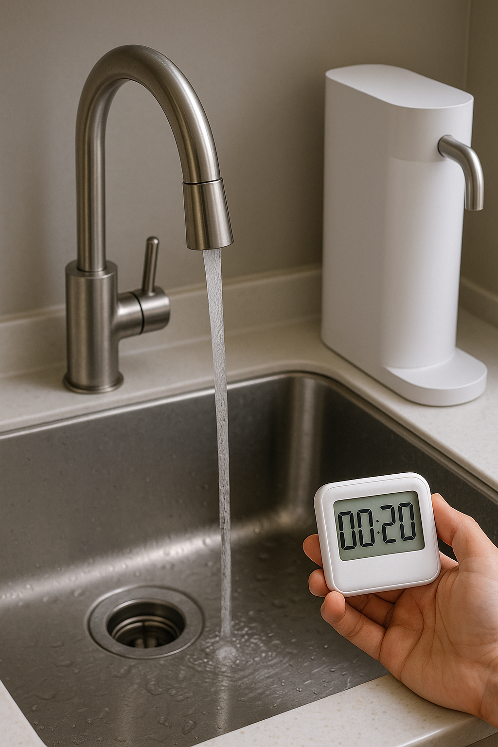 주방 싱크대에서 20초 예비토출, 직수형 정수기와 타이머