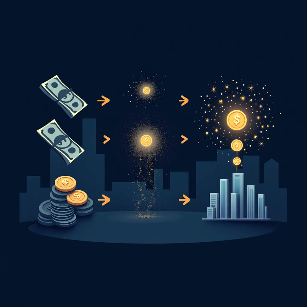 미국 RWA 토큰화: 실물 달러와 미국 국채 같은 전통 자산이 디지털 입자로 분해되어 블록체인 토큰과 DeFi 인프라로 이어지는 3단 구조를 보여주는 일러스트.