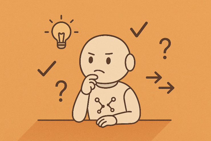 선택을 고민하며 책상에 앉아 있는 귀여운 인공지능 캐릭터 – 질문과 아이디어, 방향성을 상징하는 아이콘들과 함께 표현한 장면