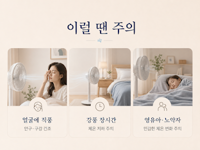 선풍기 사용 시 얼굴 직풍, 강풍, 영유아&middot;고령자, 음주&middot;탈수 상태에서 주의할 점을 설명하는 이미지