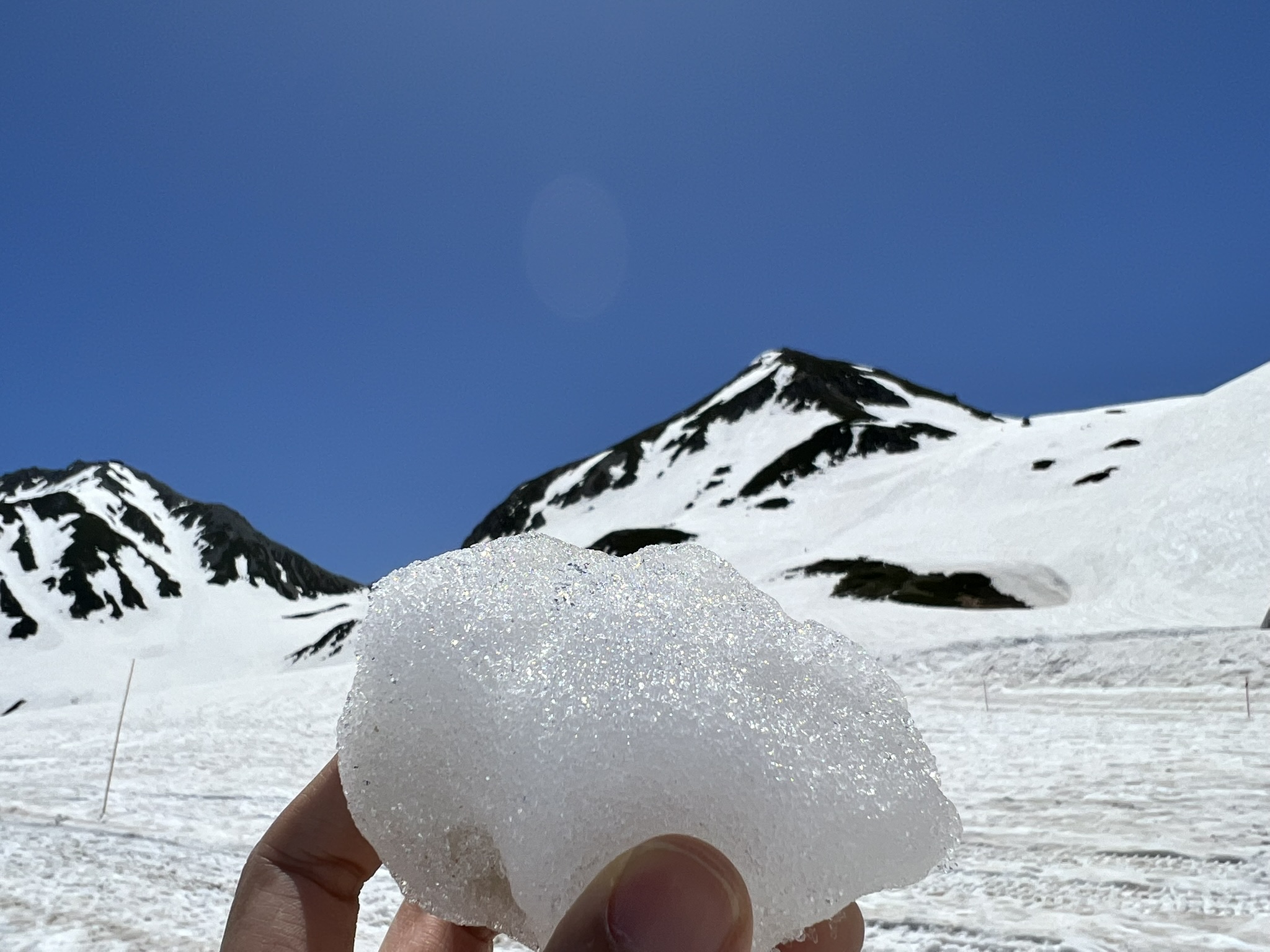 5월의 태양 아래에서도 쉽게 녹지 않는 단단한 눈 결정체