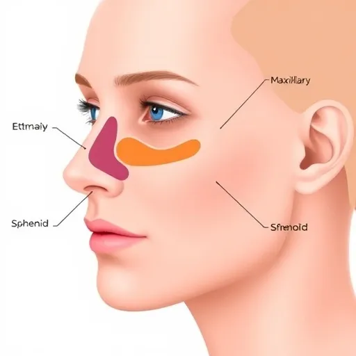 : 사람 얼굴의 측면 또는 정면을 투시하여 눈, 코, 입 주변의 부비동(상악동, 사골동, 전두동, 접형동)의 위치를 명확하게 보여주는 인포그래픽 스타일의 그림입니다. 각 부비동의 이름과 간략한 기능이 아이콘과 함께 표시