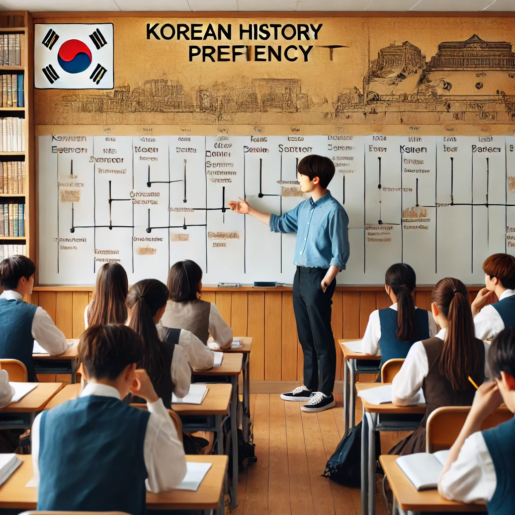 고등학교 교실에서 학생들이 한국사 능력 검정시험을 위한 역사 사건 비교 문제를 푸는 모습. 교사가 칠판의 연대표를 설명하며 수업을 진행 중