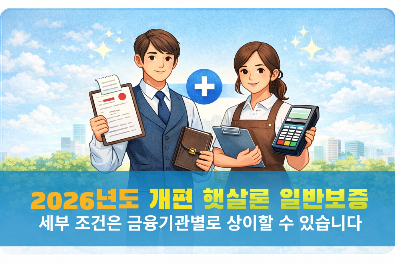 2026년도 개편된 햇살론 일반보증 상품을 상징하는 이미지로 근로자와 개인사업자가 함께 서류를 준비해 금융기관 상담을 받는 모습을 표현한 일러스트