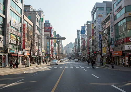 서울 도심의 활기찬 거리를 선명하고 넓은 시야로 담은 광각 사진