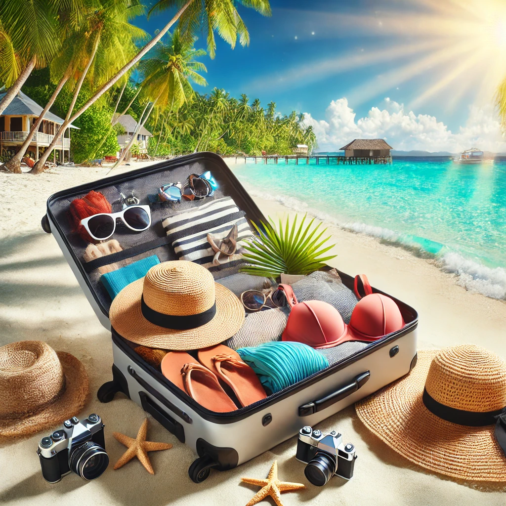 보홀의 아름다운 해변과 여행자의 짐 꾸리기 모습
