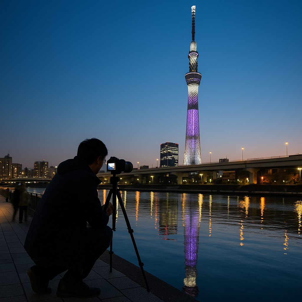 황혼 무렵 스미다강 강변에 삼각대를 세우고 도쿄 스카이트리의 빛나는 실루엣과 물 위 반영을 촬영하는 사진작가의 모습