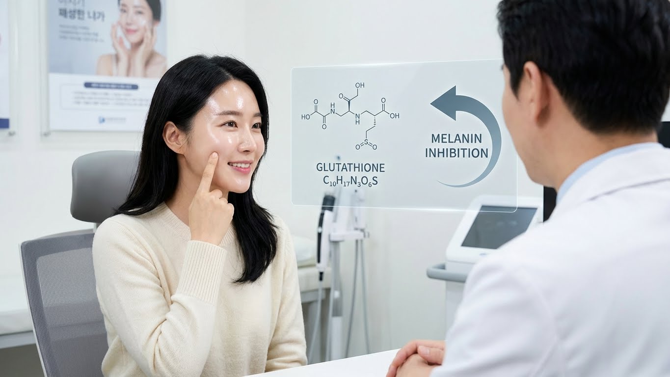 여성이 피부과 상담실에서 밝고 환한 피부를 가리키며 상담받는 모습