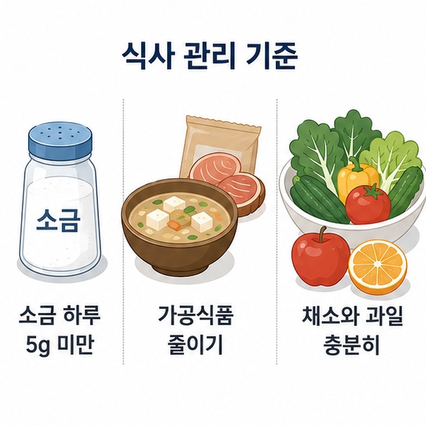 소금 섭취를 하루 5g 미만으로 줄이고 가공식품을 줄이며 채소와 과일을 충분히 먹는 혈압 관리 식사법을 설명한 이미지