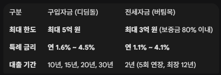 신생아 특례대출 구입자금과 전세자금별 구분
