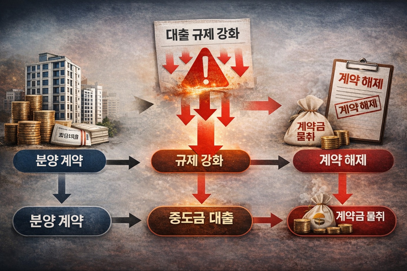 분양계약 체결 이후 대출규제 발표, DSR 적용, 잔금대출 실행 시점까지의 정책 적용 구조를 정리한 2026년 금융 규제 흐름도