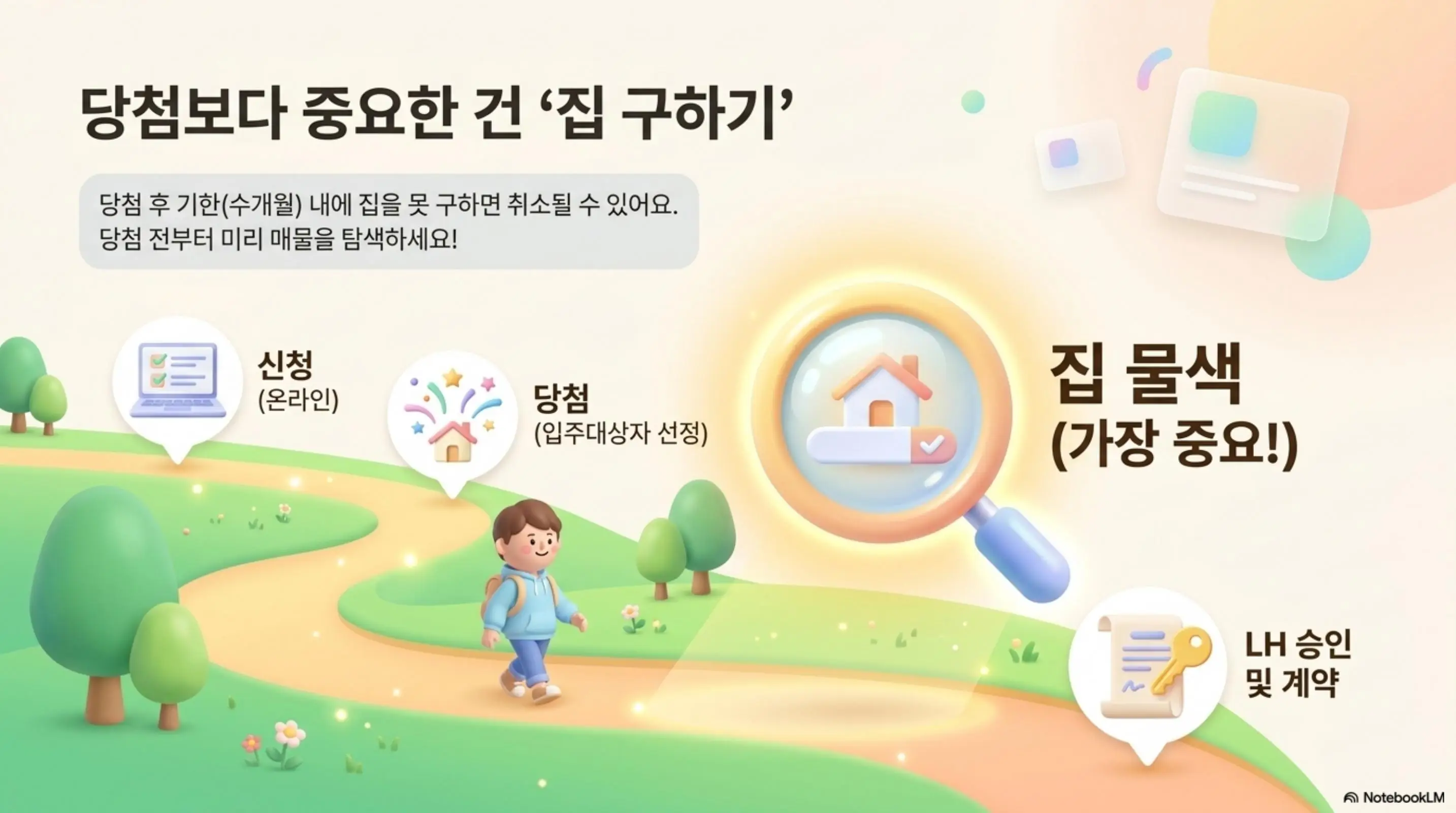 LH 전세임대 신청부터 입주까지의 절차를 길 위를 걸어가는 일러스트로 표현한 이미지. 온라인 신청과 입주대상자 선정 그리고 집 물색과 LH 승인 및 계약 단계를 순서대로 보여주며 당첨보다 집 구하기가 가장 중요하다는 실무 팁을 전달함